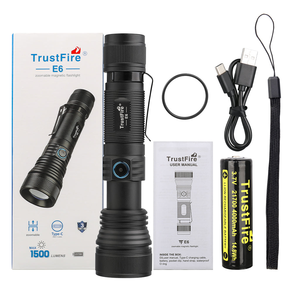 TrustFire E6 Rechargeable Flashlight – 1500 Lumens, Long Throw